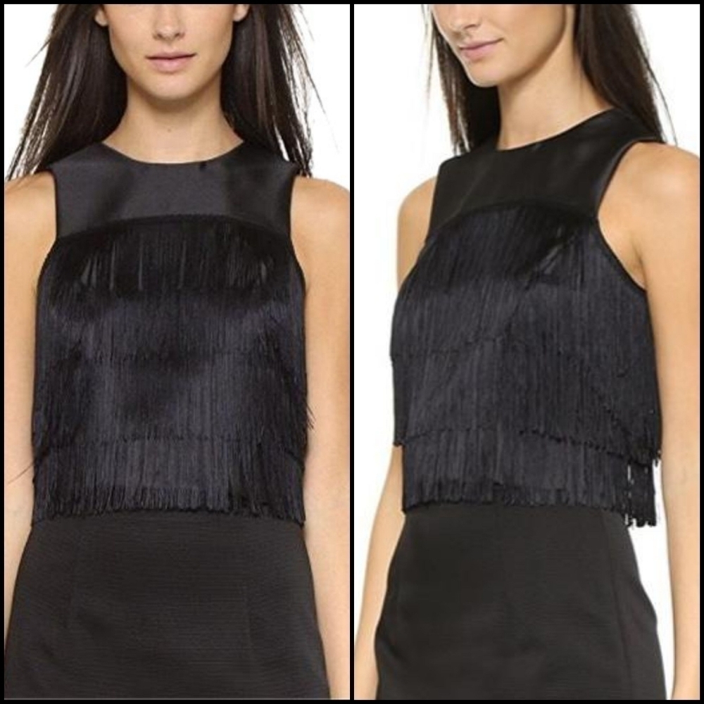 SHOSHANNA MIDNIGHT Sleeveles Satin Fringe Accent Top 12.